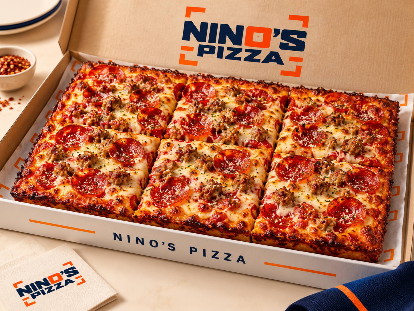 A Nino’s rectangular pizza cut into six square slices
